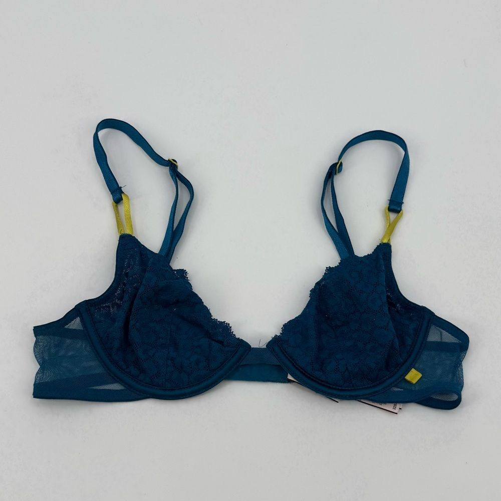 Victoria’s Secret Lace Unlined Demi Bra in Teal / Chartreuse | 32B